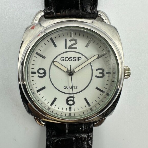 3/$30 Gossip Watch Women Silver Tone White Dial Black Leather Band  8.5" - Picture 1 of 15
